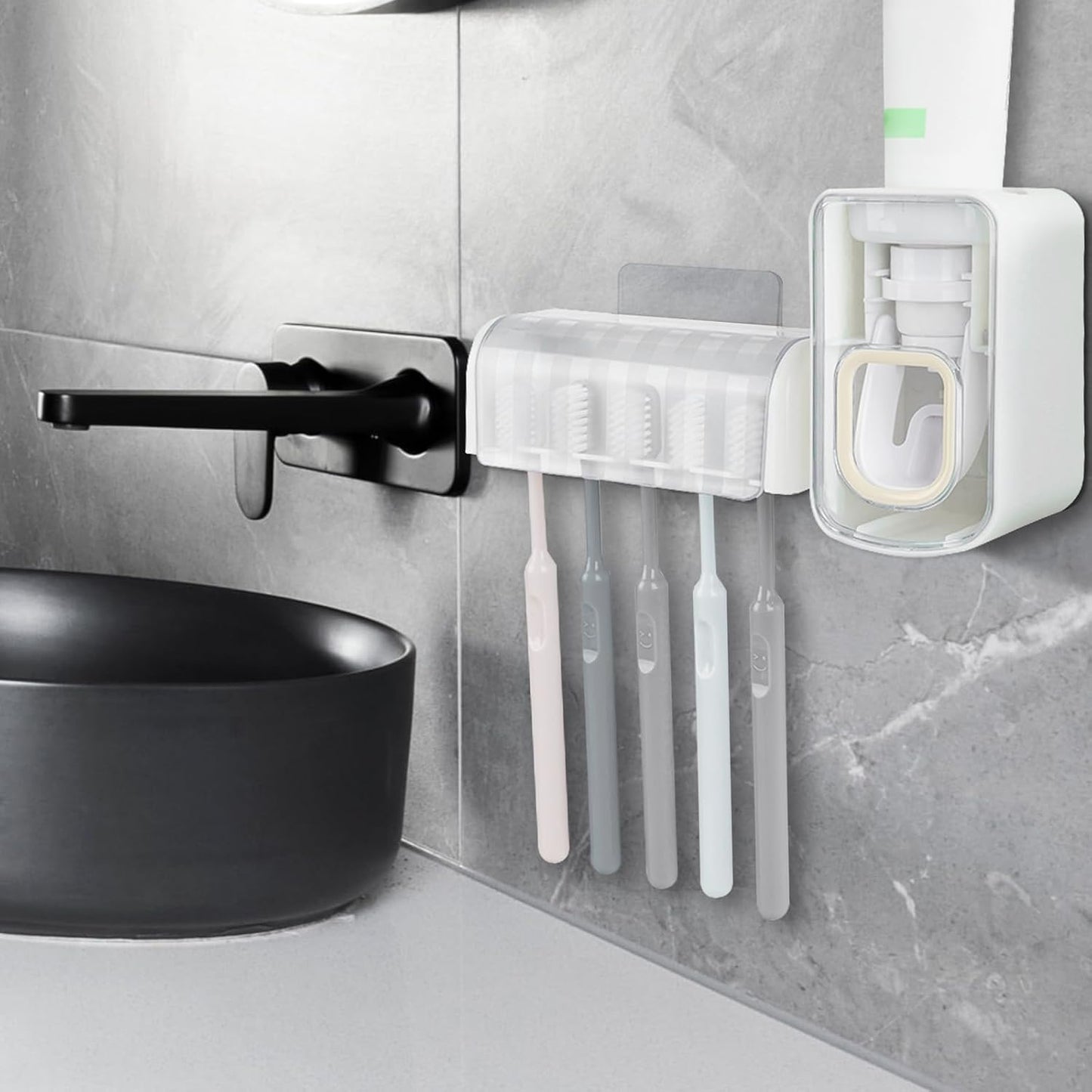 5 Slots Wall Mount Toothbrush Holder with Cover, Self Adhesive Toothbrush Storage Organizer for Shower, Toothbrush Hanger with Automatic Toothpaste Squeezer Dispenser