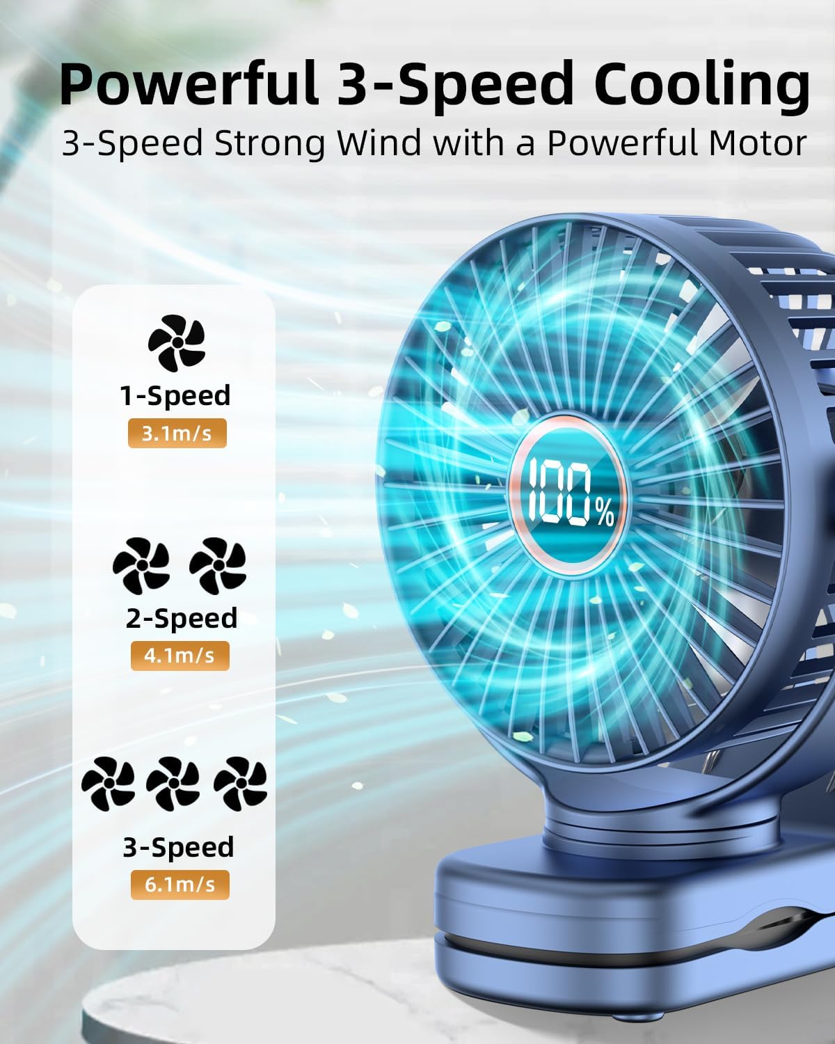 buywoo Portable Mini Personal Fan, Small Rechargeable Battery Powered Stroller Fan for Desk, Strong Clamp Grip, 360° Rotation, 3-Speed, LED Display, Clip On Cooler for Bed, Golf Cart, Office, Blue
