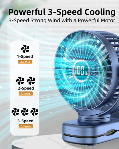 buywoo Portable Mini Personal Fan, Small Rechargeable Battery Powered Stroller Fan for Desk, Strong Clamp Grip, 360° Rotation, 3-Speed, LED Display, Clip On Cooler for Bed, Golf Cart, Office, Blue