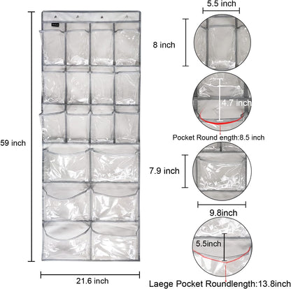Extra Large Hanging Crystal Clear Over Door Shoe Organizers, Closet Shoe Organizer Shoe Rack Organizer Shoe Storage, 12+6Pockets, 4Hooks, white (59"x 21.6")