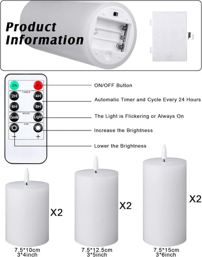Leelosp 6 Pack Flameless Candles with Remote Timer, Battery Operated Flickering Flameless Candles Bulk Flat Top Pillar LED for Wedding Festival Outdoor Home Decor D 3'' H 4'' 5'' 6''(White)