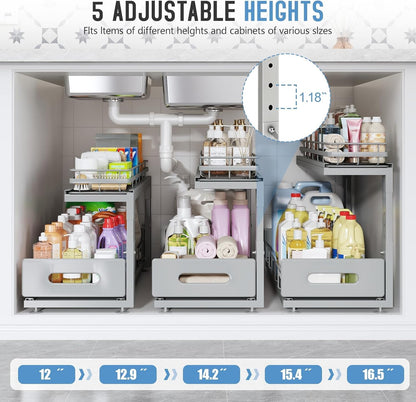 Under Sink Organizer Upgrade To Professional Rails,2-Tier Dual Pull Out Cabinet Storage,Height Adjustable Slide Out Drawers For Bathroom Kitchen,2 Pack-14.5" Dx12.8-16.9" H,White