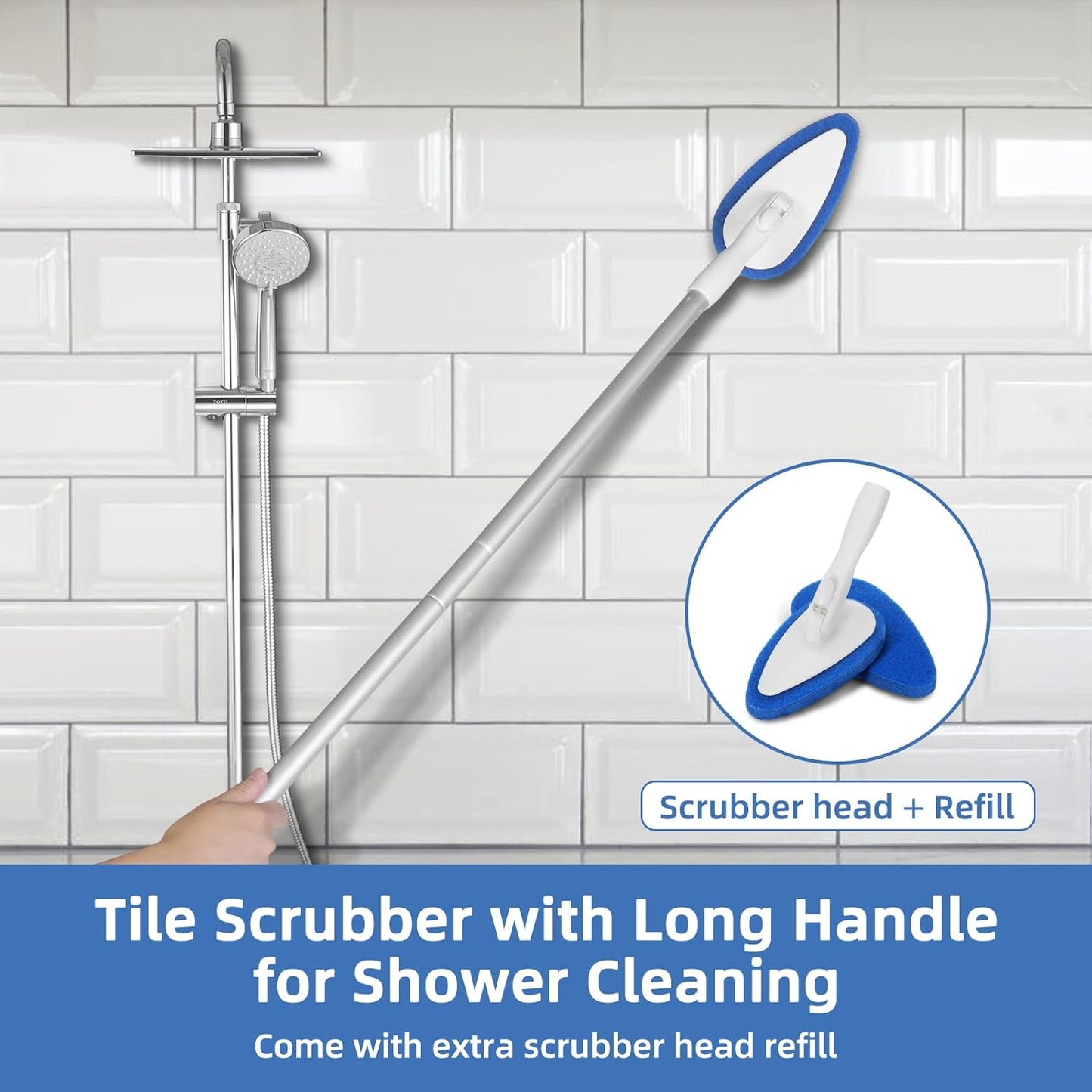 Qaestfy Shower Bathtub Tub and Tile Scrubber Brush with 51'' Adjustable Long Handle Cleaning Brushes Lock in Place Scrub Brush Head for Bathroom Wall Floor Scrubbing Model QAE008