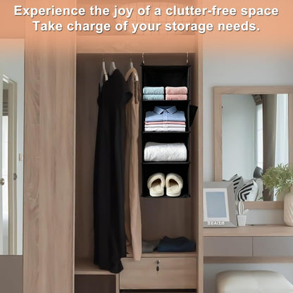 BOOMIBOO Hanging Closet Organizer and Shelves, 4 Shelves with 1 Side Pockets, Foldable, Grey Fabric, Modern Style, for Bedroom and Dorm Room (Grey)