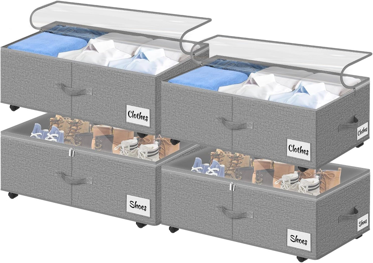 Under Bed Storage with Wheels, 2-Pack 10" Height XXL 75L Rolling Storage Bins, Quick Assembly Underbed Shoe Storage Containers with Clear Lid & Label, Dorm Under Bed Drawers for Clothes, Shoes, Black