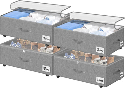 Under Bed Storage with Wheels, 2-Pack 10" Height XXL 75L Rolling Storage Bins, Quick Assembly Underbed Shoe Storage Containers with Clear Lid & Label, Dorm Under Bed Drawers for Clothes, Shoes, Black