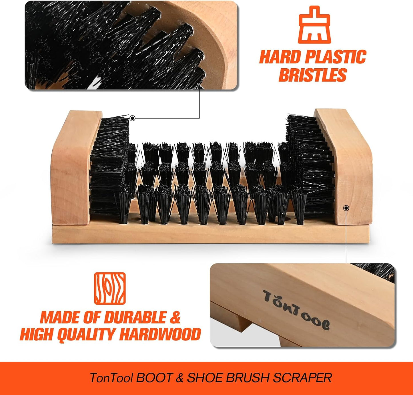 Wooden Boot Scraper Outdoor Heavy Duty Shoe Brush Cleaner for Muddy Boots, Dual Bristle Entryway Shoe Cleaner System for Home Entrance Garage Farm Snow Rain Durable Hardwood Base