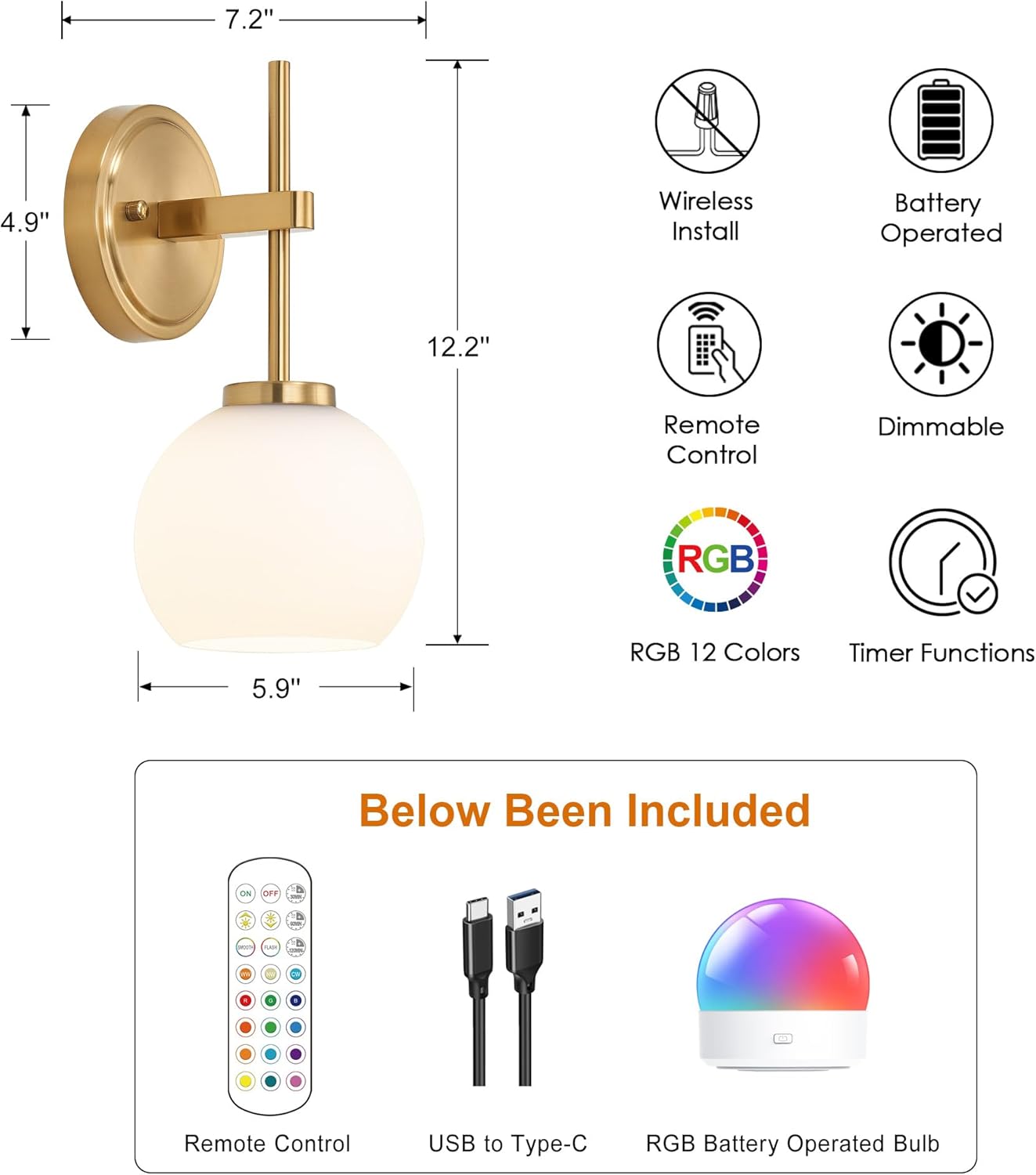 Wireless Wall Sconces with Remote Control, Battery Operated Wall Sconce Set of 2, Black & Gold Rechargeable Dimmable Wall Light for Bedroom Living room Bathroom Hallway Entryway Stairwell, 3000K