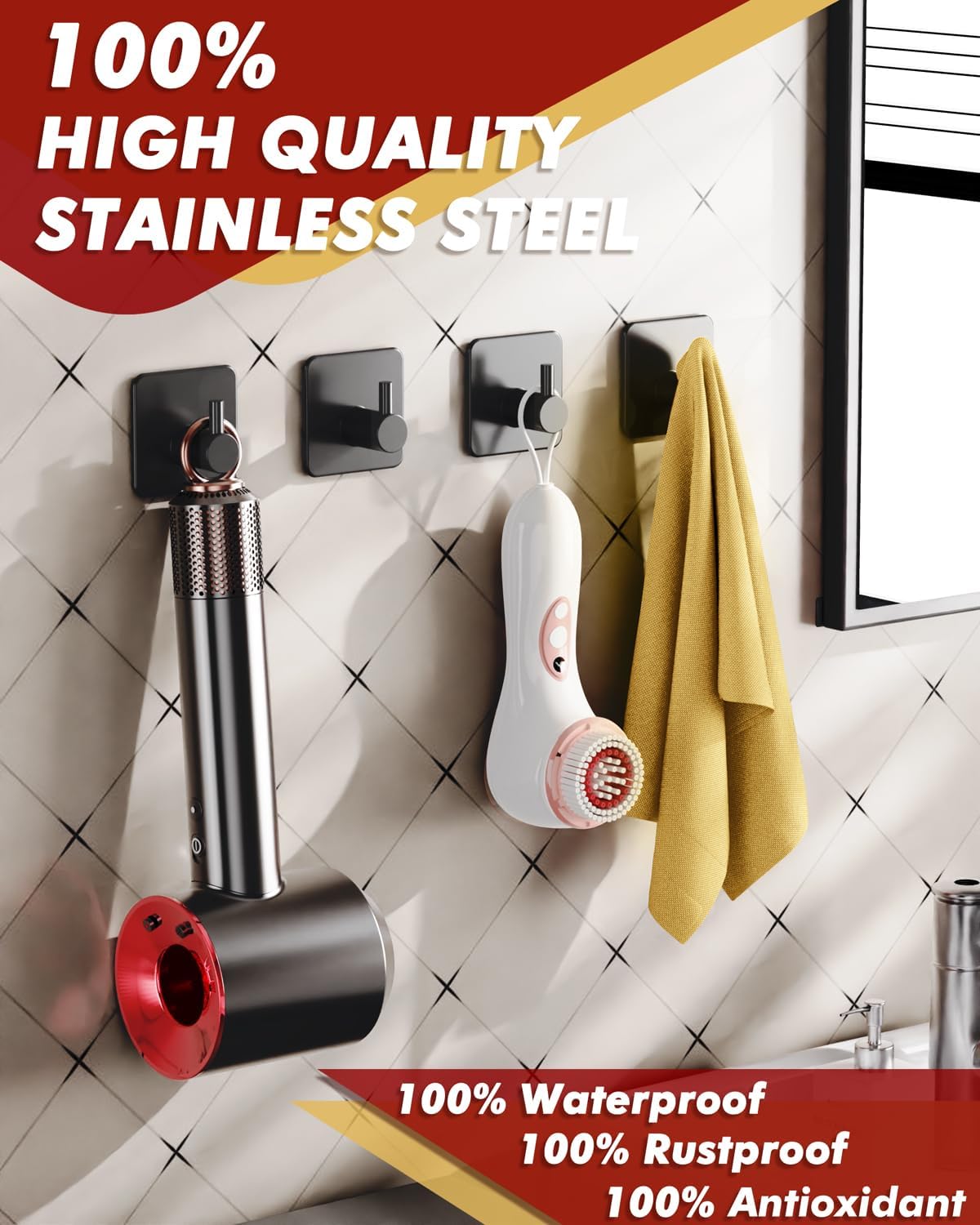 Auxmir Adhesive Hooks Heavy Duty 22lb(Max) Towel Hooks for Shower, 5 Pack Self Adhesive Damage Free Wall Hooks, Stainless Steel for Coat Robe, Waterproof Oilproof Rustproof for Bathroom Kitchen Office