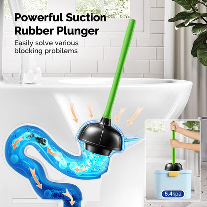 HAMITOR Toilet Plunger Bowl Brush Combo：Heavy Duty Rubber for Drain Clog Remover - Curved Design Bristles for Deep Cleaning Under Rim - Compact Bathroom Cleaning Tools for New Homet Essentials - White