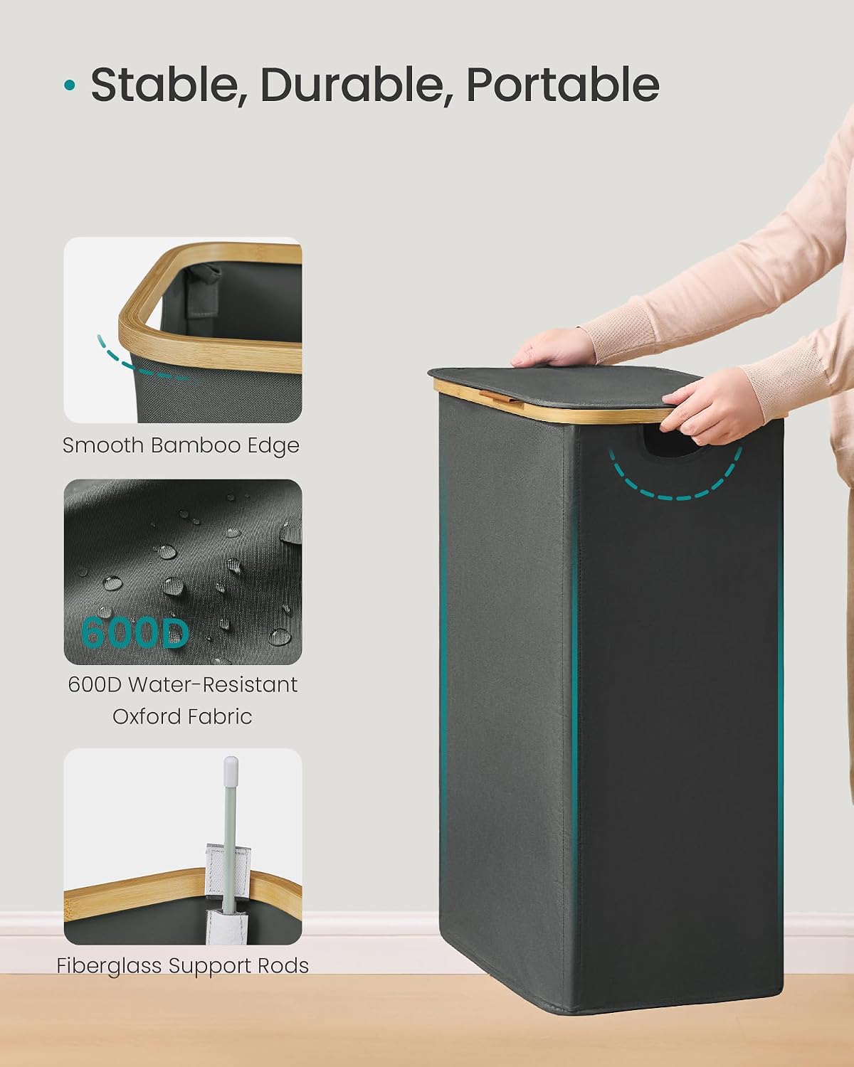 SONGMICS Laundry Hamper, Laundry Basket with Lid, Foldable Storage Basket, Bamboo Frame, for Bedroom, Living Room, Oxford Fabric, 37 Gal. (140 L), Cream White ULCB519WD01
