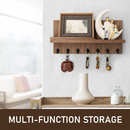 Rebee Vision Decorative Key Holder Wall Mount - Rustic Key Holder for Wall with Shelf and Mail Organizer for Living Room Decor - Home Essentials for Home Improvement (Brown, 3.54" x 10" x 7.28")
