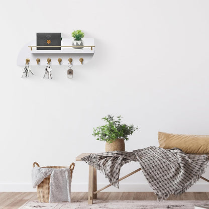 Key Holder for Wall, Decorative Key and Mail Organizer with 6 Sturdy Metal Hooks and Floating Shelf, 14 Inches Wood Wall Mounted Key Rack for Entryway, White and Gold