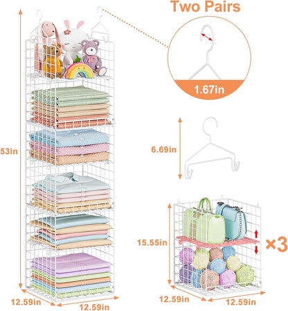 Yuyetuyo 5 Tier Closet Hanging Organizer and Storage Separable Hanging Closet Shelves with 4 Hooks 2 Adjustable Dividers, Wire Storage Basket Bins for Clothing Sweaters Socks Dolls Handbags, Foldable