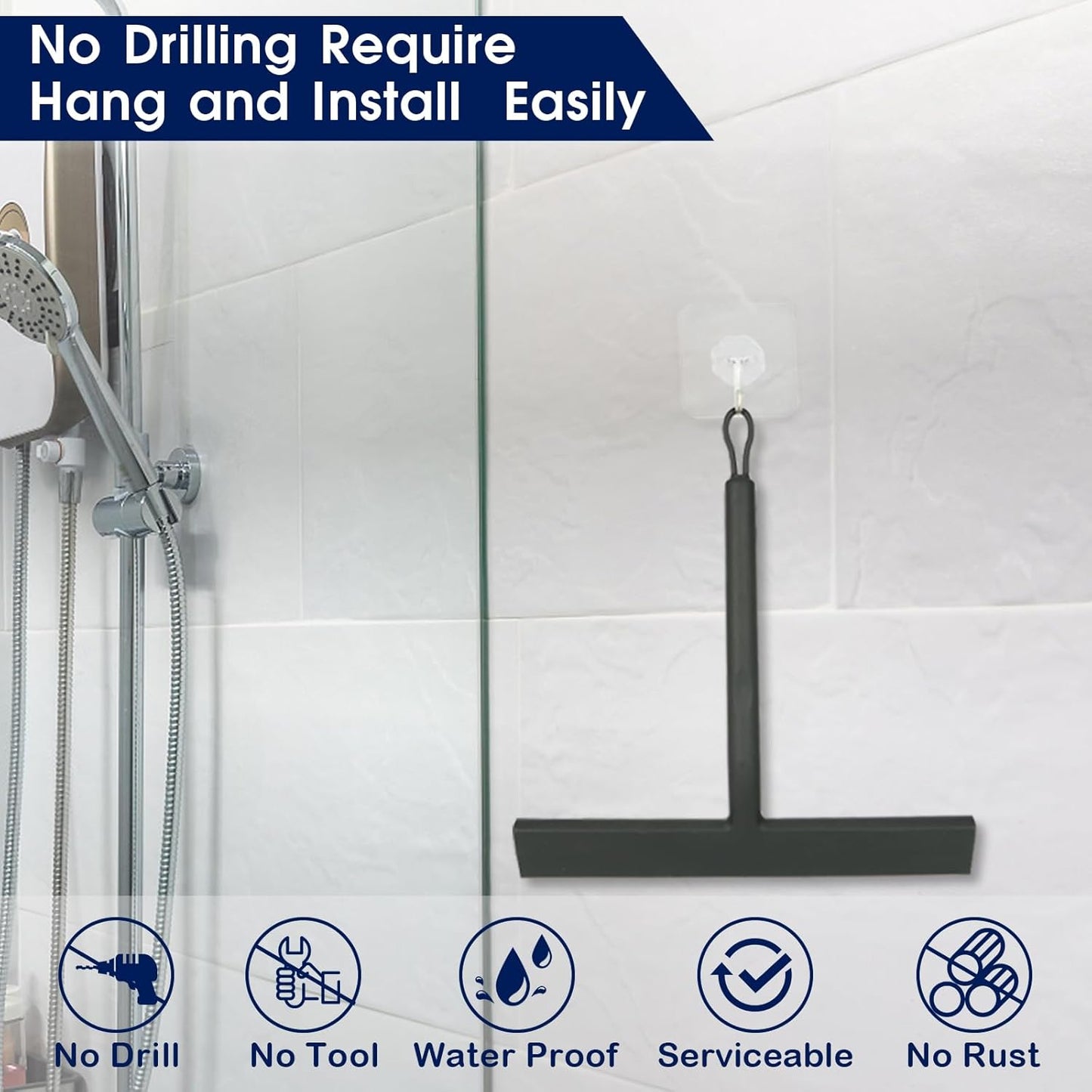 Shower Squeegee for Shower Glass Door Bathroom Accessories Squeegee Scraper Scrubber Rubber Blade with Holder Wiper Cleaning Tool for Bathroom Tile Window and Mirror- Black - 9 Inch