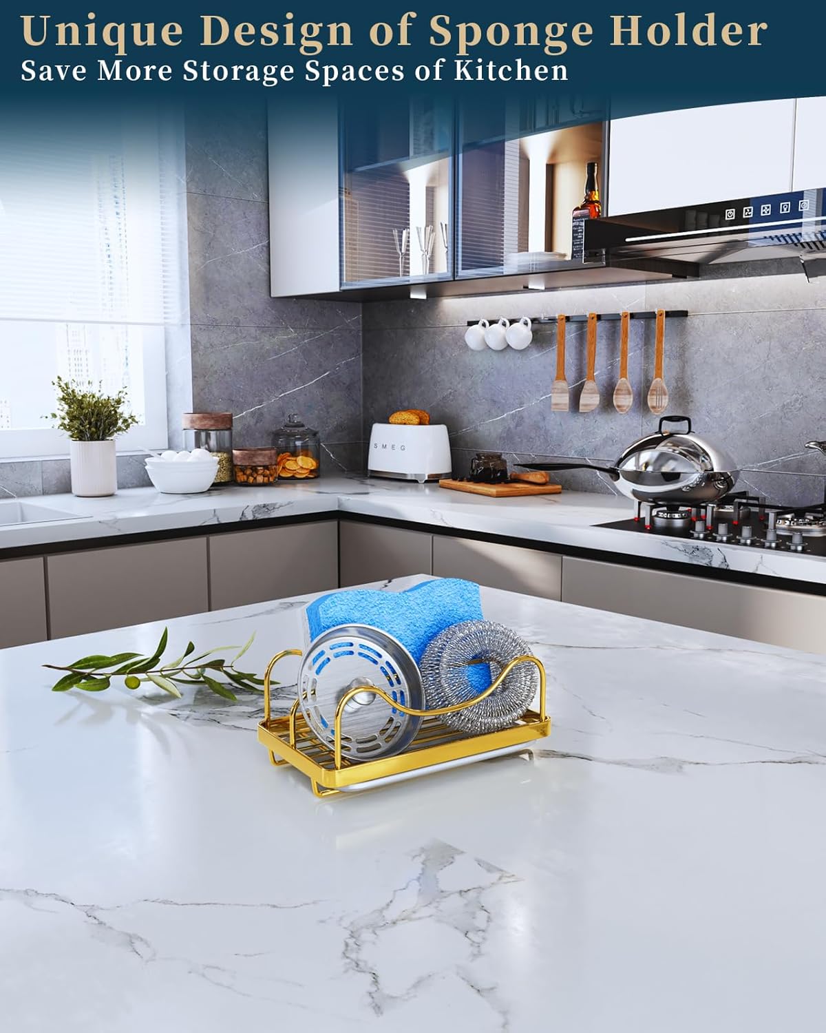 Consumest Sponge Holder for Kitchen Sink - Movable Sink Caddy for Countertop Organizer, 304 Stainless Steel Sponge Holder with Detachable Drip Tray for Kitchen Accessories-Silver