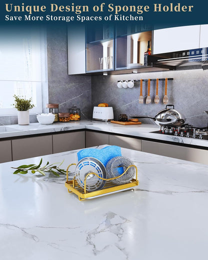 Consumest Sponge Holder for Kitchen Sink - Movable Sink Caddy for Countertop Organizer, 304 Stainless Steel Sponge Holder with Detachable Drip Tray for Kitchen Accessories-Silver