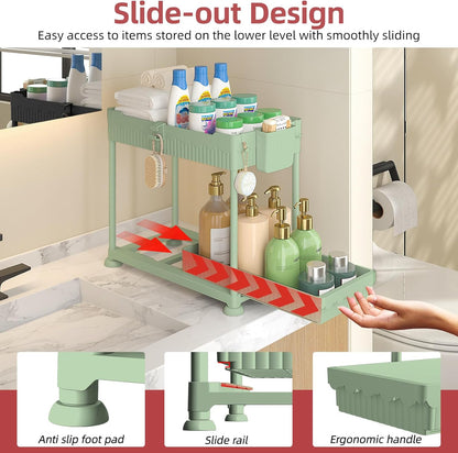 Sevenblue 4-Pack 2-Tier Under Sink Organizer with Pull Out Drawers | Multi-use kitchen & bathroom storage. Includes hanging hooks and cups. Black, space-saving cabinet design.