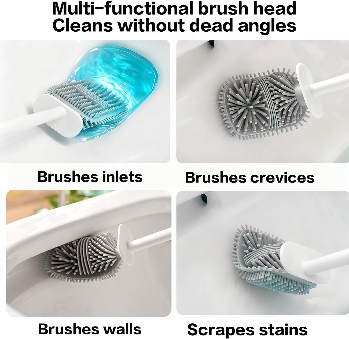 Silicone Toilet Brush Set with Corner Brush & Wall-Mounted Holder, No-Scratch Design with Drainage Holes, Adhesive Installation, White