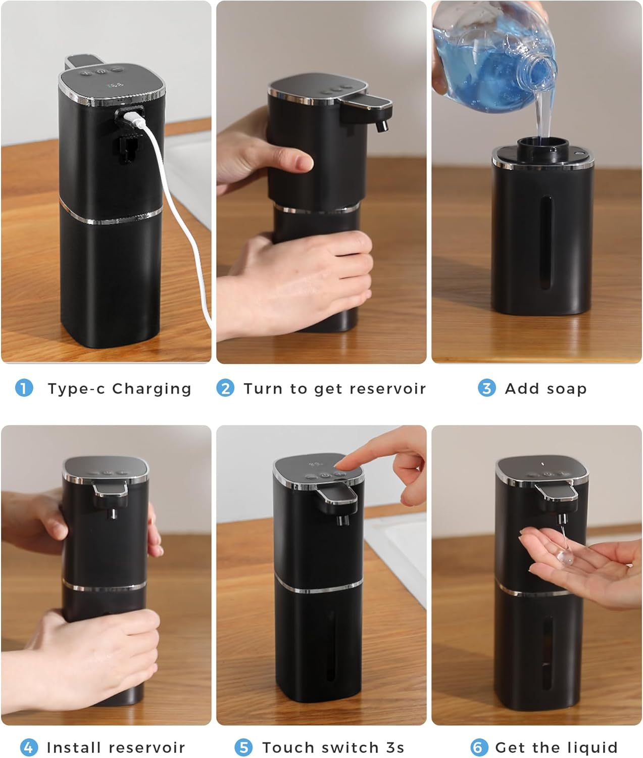 Automatic Foaming Soap Dispenser Touchless, USB Rechargeable Smart Hand Soap Dispenser, 9-Level Adjustable, 13.5oz/400mL,IPX5 Waterproof, Wall/Tabletop Kitchen Bathroom, Black