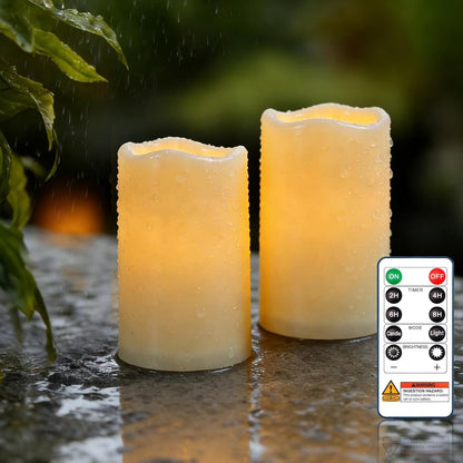 Raycare Outdoor Waterproof Flameless Candles, Battery Operated LED Electric Candles with Remote and Timers, Fake Pillar Candle for Patio, Porch, and Wedding Decor, Ivory, Set of 3(3"x4" 5" 6")