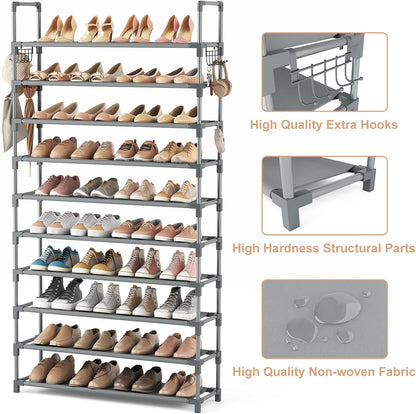 VTRIN 10 Tiers Tall Shoe Rack Holds 20-25 Pairs of Shoes Sturdy Vertical Shoe Organizer with 18pcs Hooks Stackable Narrow Shoe Rack for Closet, Entryway Black