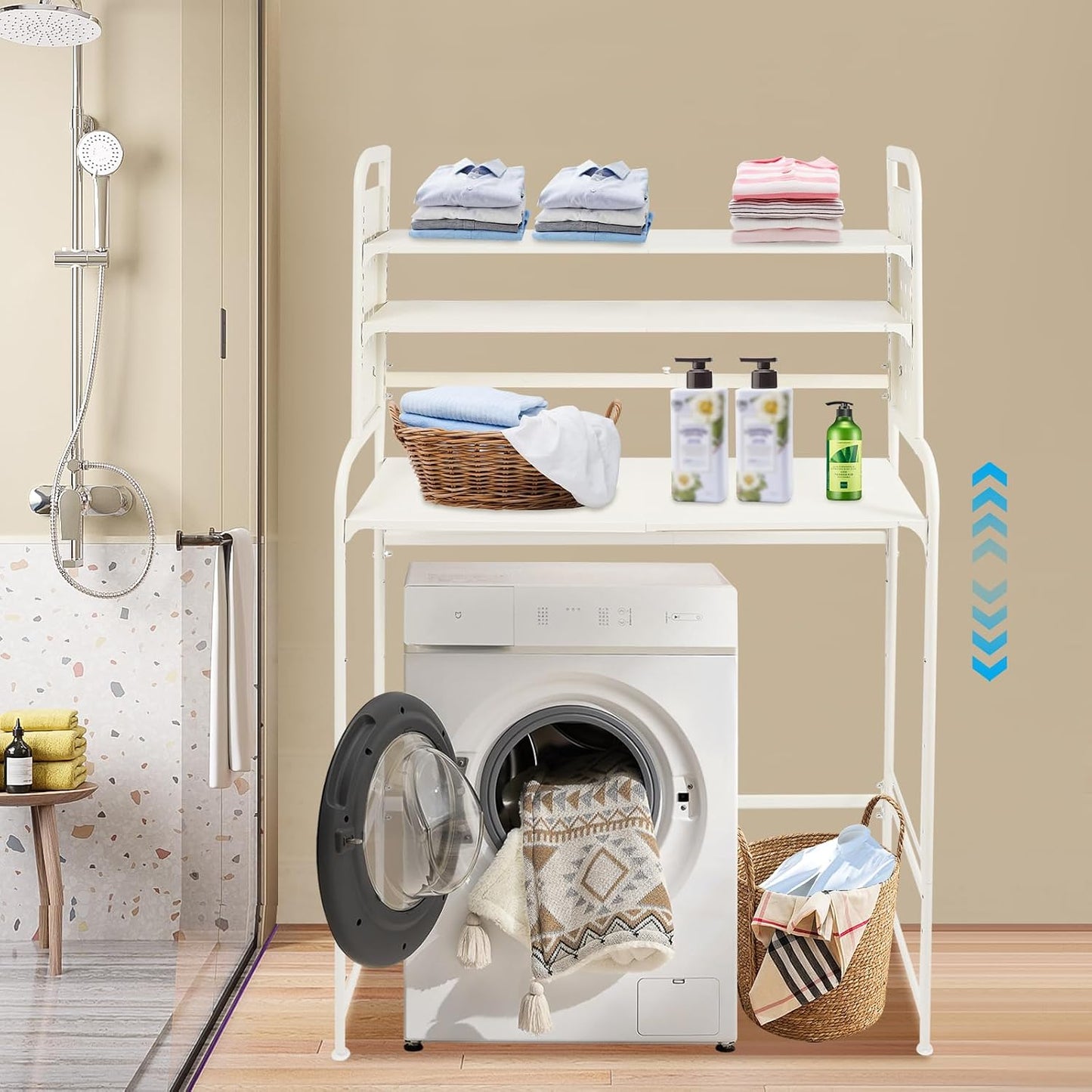 3-Tier Over The Washer and Dryer Storage Shelf, Washing Machine Shelf with Adjustable Height & Hooks, Over Toilet Laundry Room Drying Storage Rack with Pigboard, Space Saver (Gray)