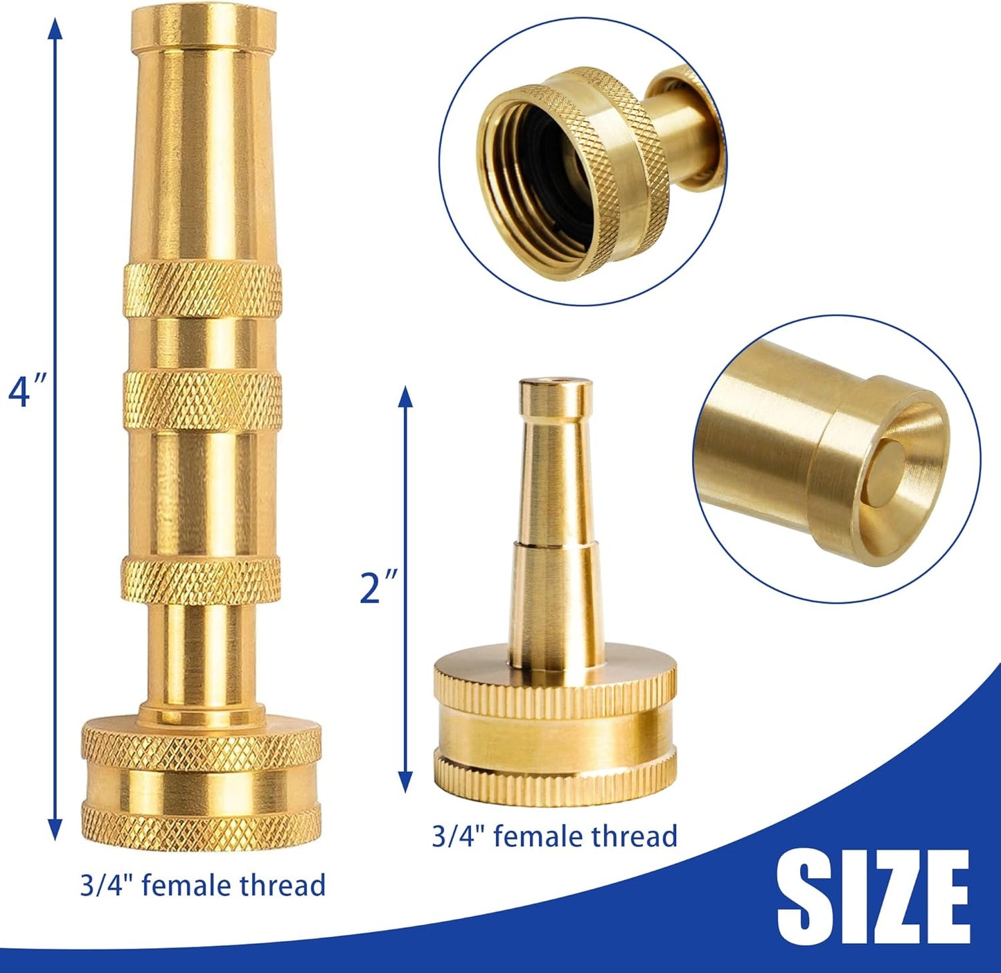 Hourleey Adjustable Twist Hose Nozzle, 4" Heavy-Duty Brass Hose Nozzle with 10 Garden Hose Rubber Washers, 2 Pack