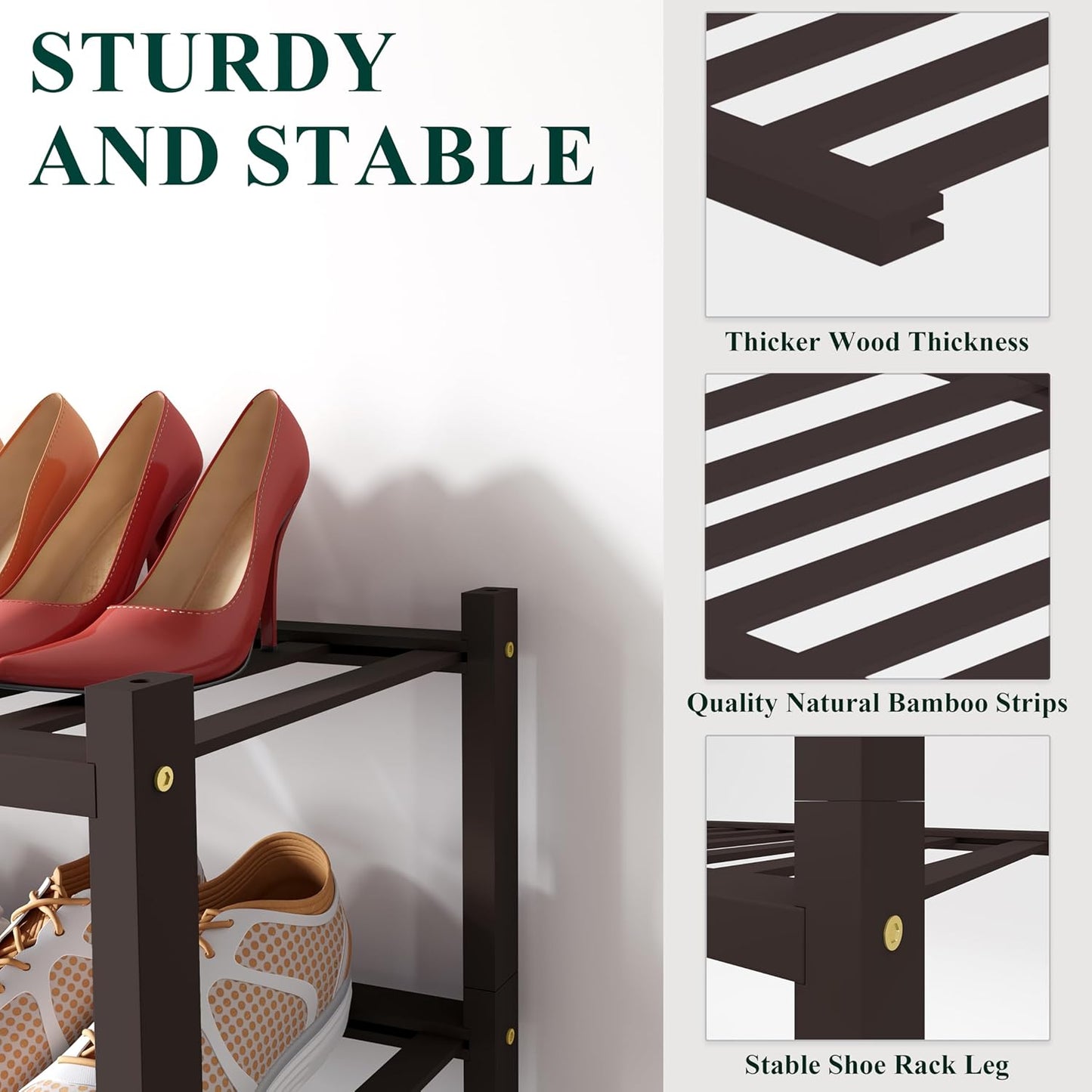 Smiry Bamboo Shoe Rack, 3 Tier Free Standing Wooden Shoe Organizer, Stackable Wood Shoe Storage Shelf for Closet, Entryway, 12 Vertical Slats, 2+1 Stack Standard Legs, 26.8"x11"x19.5", Natural