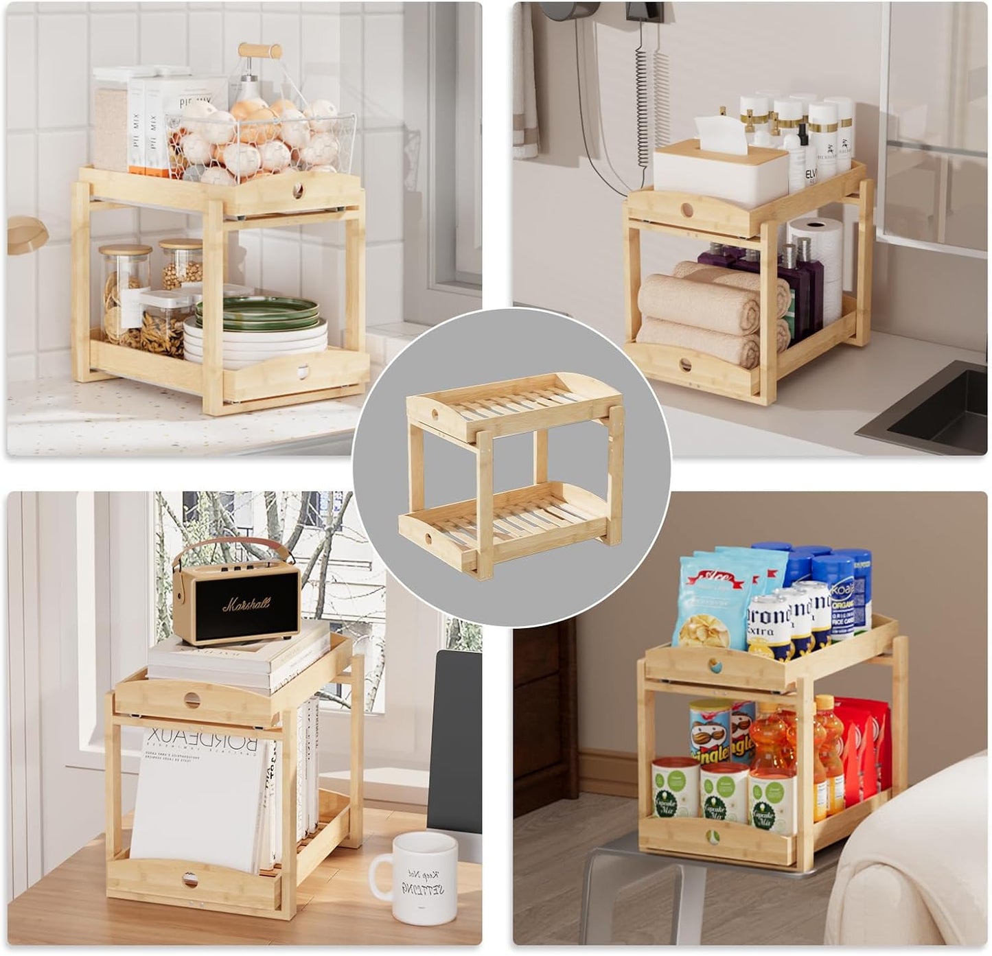 APRTAT 2 Pack Under Sink Organizer, Bamboo Wooden 2-Tier Pull-Out Storage with Sliding Drawers for Kitchen and Bathroom Cabinets, Easy Installation (Natural)