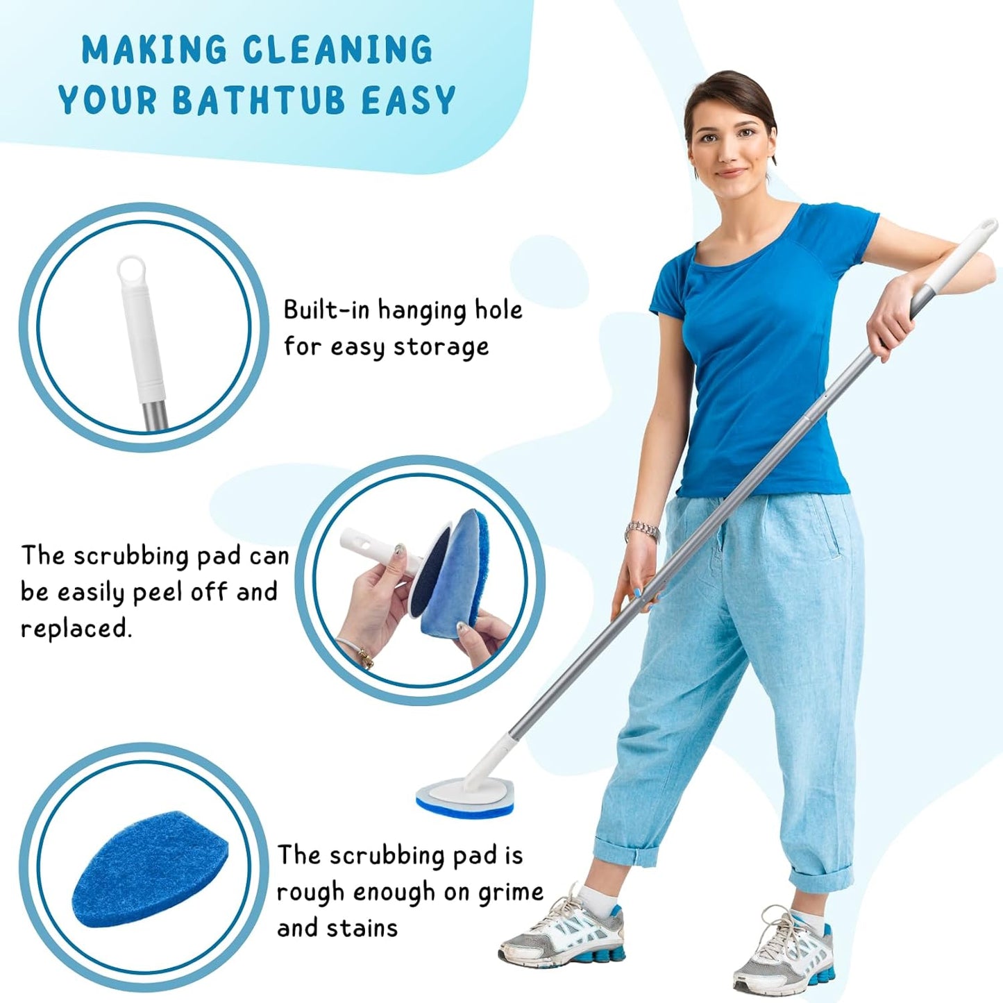 Shower Scrubber with Long Handle, 47'' Bathtub Scrub Brush, Bathroom Tub and Tile Cleaning Tool with 6 Refill Pads
