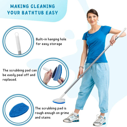Shower Scrubber with Long Handle, 47'' Bathtub Scrub Brush, Bathroom Tub and Tile Cleaning Tool with 6 Refill Pads