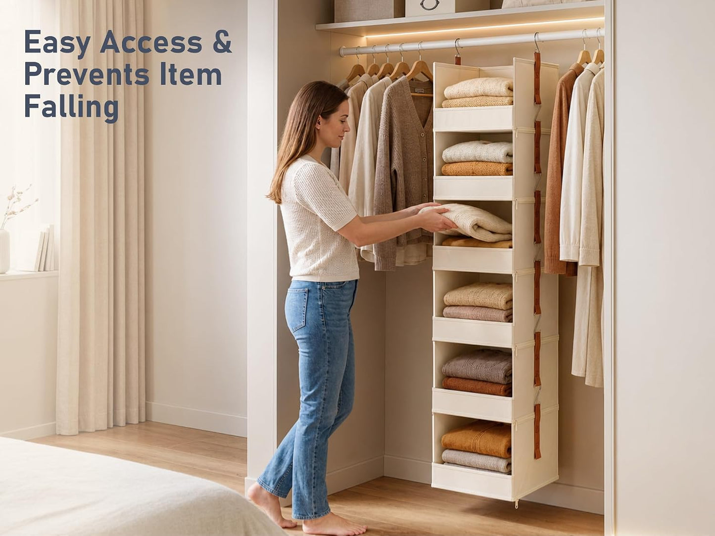 DIMJ Hanging Closet Organizer - 4 Tier Collapsible Hanging Shelves with Hooks Zipper, Fabric Clothes Organizer, Space-Saving Storage Bin Basket for RV, Bedroom, Laundry Organization