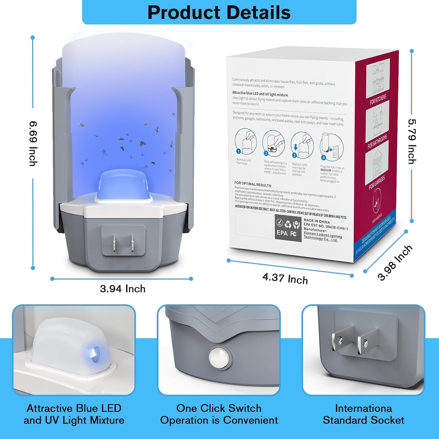 Indoor Fly Trap with UV Light, 2 Plug-in Flying Insect Traps and 6 Sticky Refills, Safe & Quiet Bug Catcher for Fruit Flies, Gnats, Mosquitoes, Moths & Small Insects