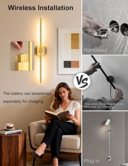 Battery Operated Wall Sconces Set of 2: 10000mAh Rechargeable Wall Lights with Remote, 360° Rotate 3000K-6000K LED Wireless Wall Light Fixtures Decor for Bedroom Living Room Hallway Picture Lighting
