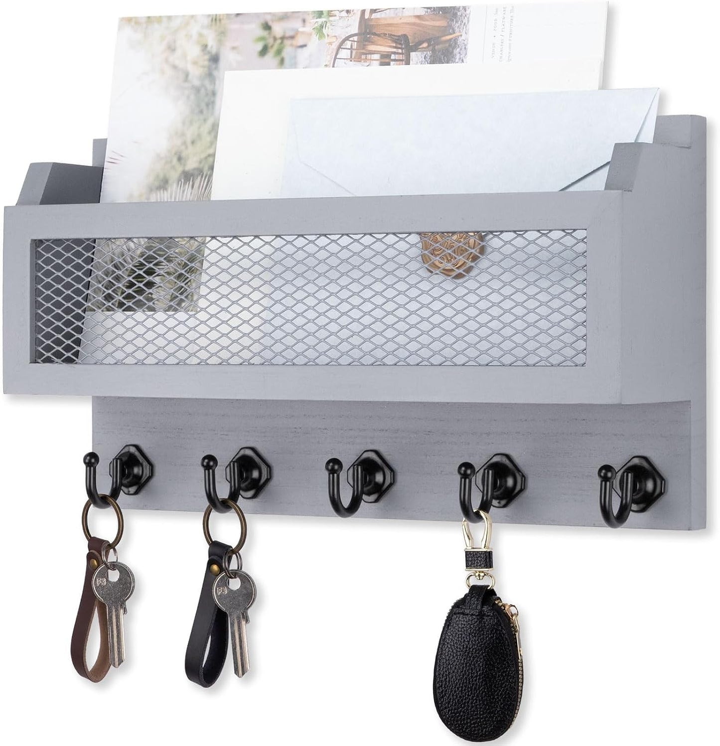 Nekon Mail and Key Holder for Wall Decorative, 11 Inch Wooden Wall Key Organizer with 5 Key Hooks, Wall Mount Storage Shelf for Entryway Hallway (Brown)