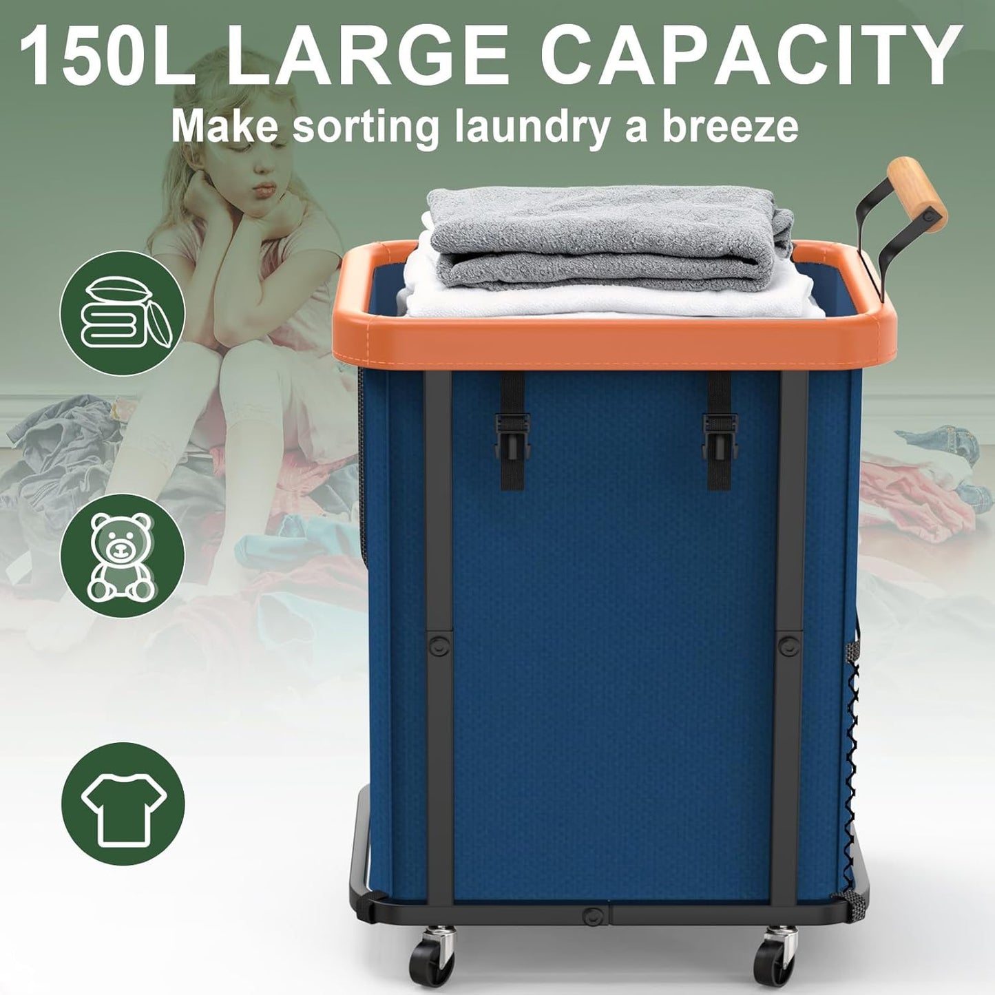 230L (60 Gal) Extra Large Fashion Laundry Sorter 3 Section with Lid, Rolling Laundry Basket Hamper with Handle, Laundry Organizer Storage Cart with Sturdy Metal Frame for Laundry Room, Hotel, White