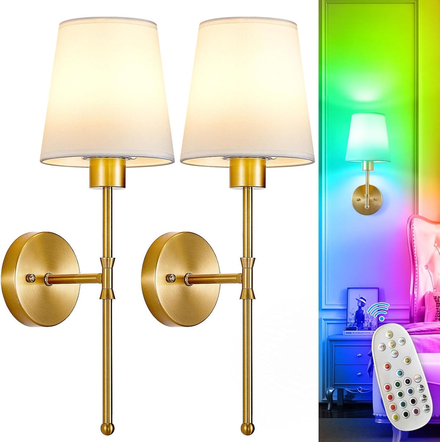 Depuley Battery Operated Wall Sconce: Set of 2 Wireless Wall Lights with 10000mAh Dimmable Bulbs and Remote for Bedroom - Rechargeable 15 Colors Gold Wall Lamp for Living Room Hallway