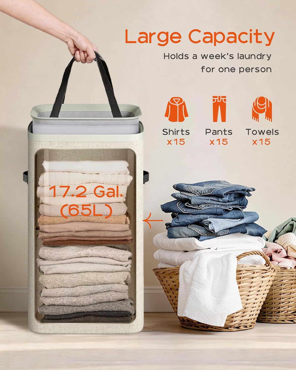 CASAMAYA Laundry Basket with Lid, Laundry Hamper 3 Section, 190L collapsible Laundry Organizer, Easy Assembly, with Handles and Removable Liners, 25.2 x 15.7 x 29.5 Inches, Beige JSP904M