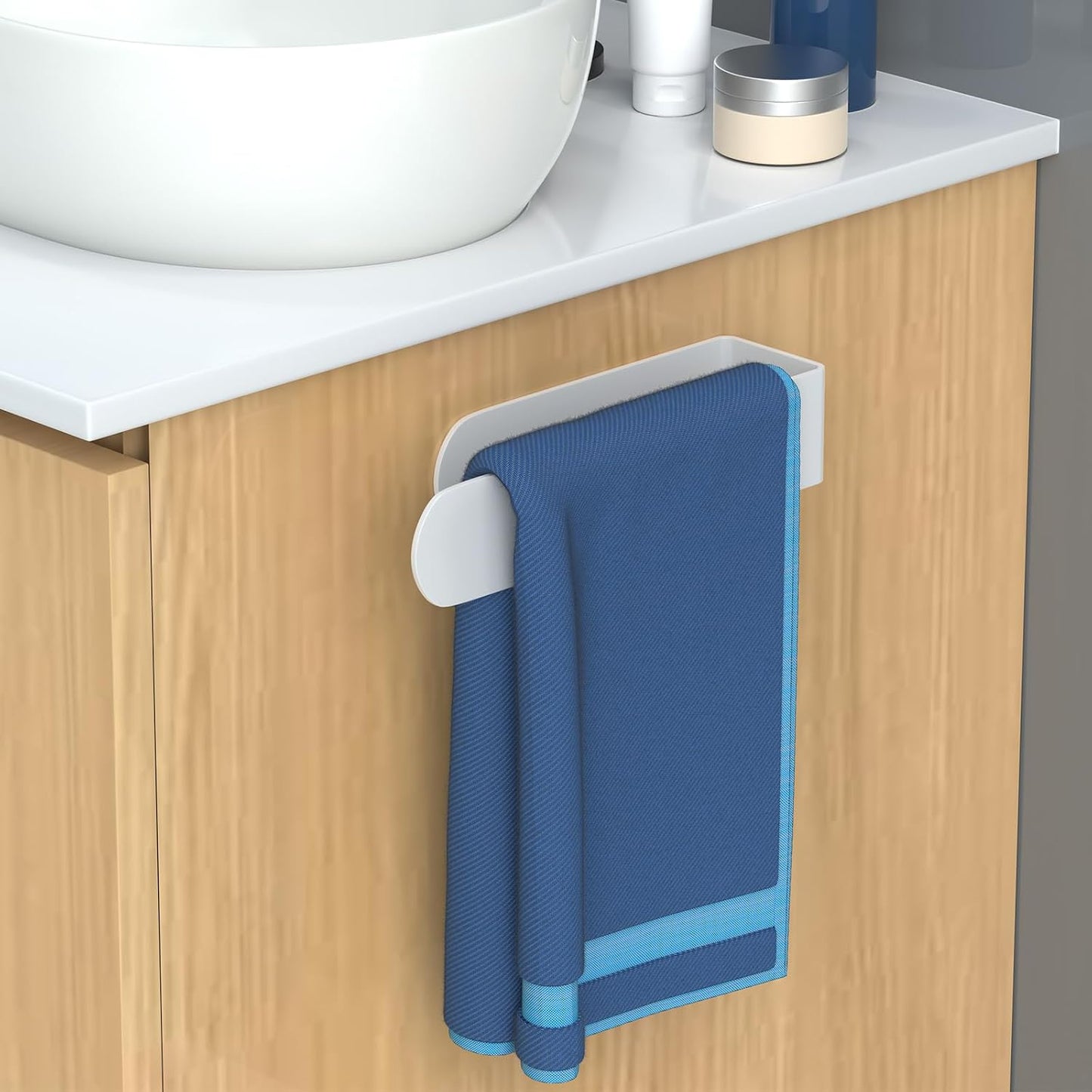 HUFEEOH 2 Pack Adhesive Hand Towel Holder, Kitchen Towel Rack Towel Bars Wall Mounted, Stainless Steel Bath Towel Hanger for Bathroom Hotel Kitchen (White, 8 Inch(2PC))