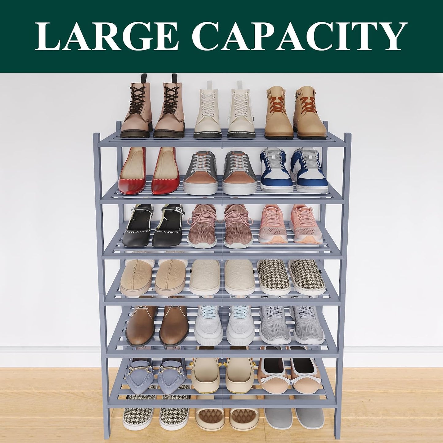 Smiry Bamboo Shoe Rack, 3 Tier Free Standing Wooden Shoe Organizer, Stackable Wood Shoe Storage Shelf for Closet, Entryway, 5 Horizontal Slats, 26.8"x11"x18.3", Natural