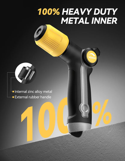 VOXON Garden Hose Nozzle with High Pressure Jet, 100% Heavy Duty Metal Water Hose Nozzle Sprayer with Thumb Flow Control, Adjustable Spray Patterns for Garden Watering, Car Washing, Yellow