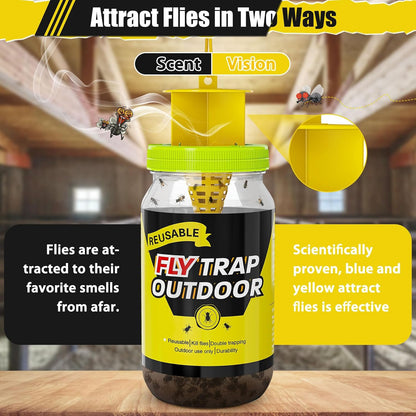 4 Fly Traps Outdoor Fly Trap with 4 Dissolvable Bait Refills, Reusable Hanging Bug Catcher Killer Bottle for Outside Bug Control Patio Yard Ranch Barns Stable, Hanging Rope, Brush Included