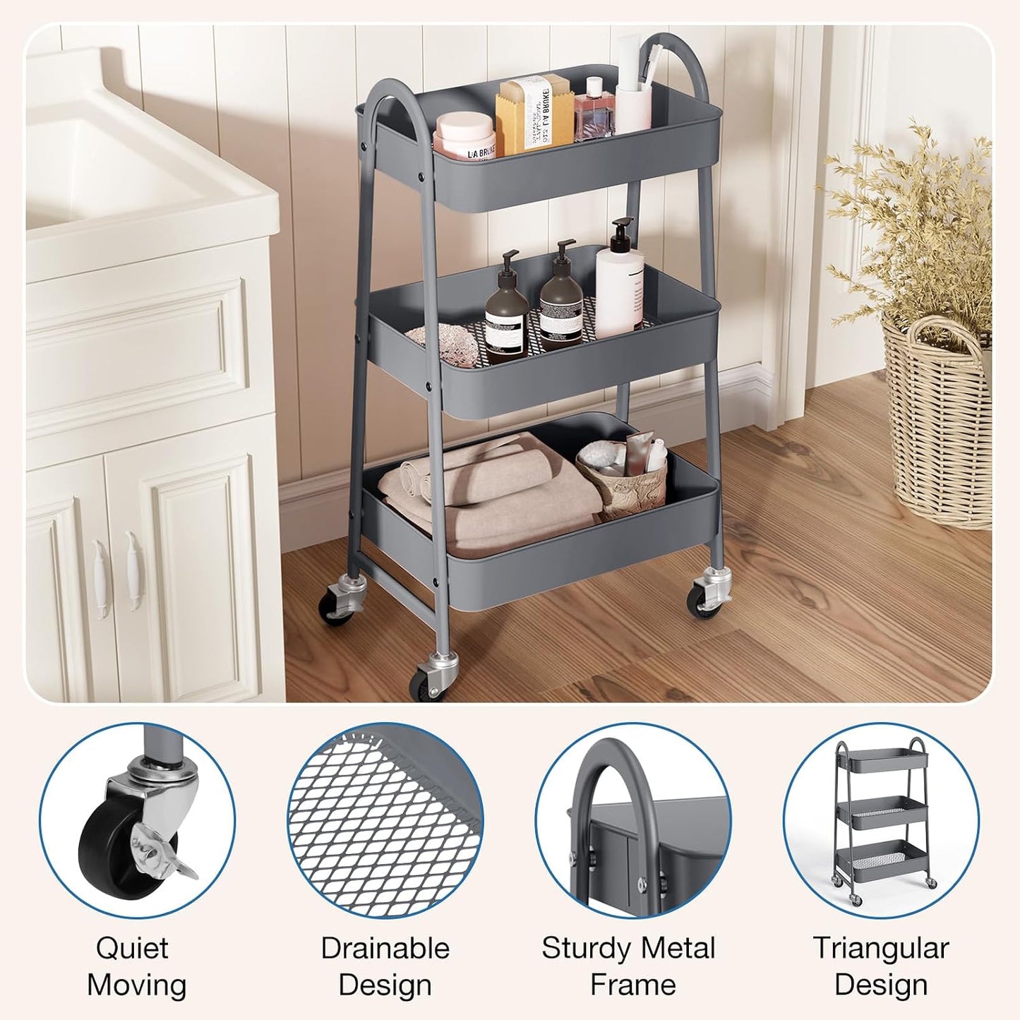 DUMOS 3 Tiers Rolling Cart, Utility Cart, Metal, White | Mobile Storage, Lockable Wheels, Utility Shelving Unit, Kitchen, Bathroom, Laundry, Narrow Places