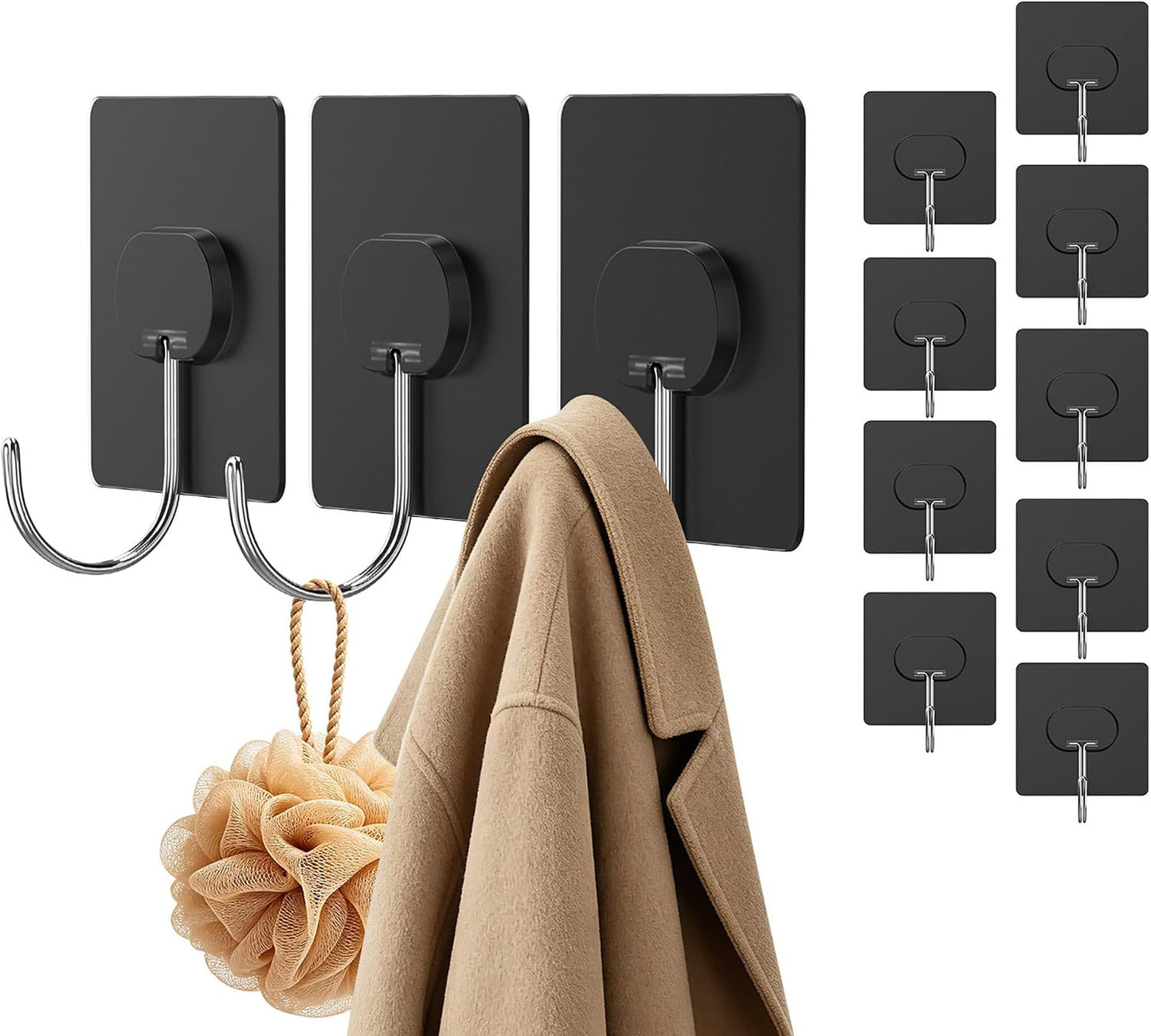 JINSHUNFA Adhesive Wall Hooks 13LB Heavy Duty No Drill Transparent Waterproof Hooks for Bathroom Kitchen Towel Coat 12 Pack
