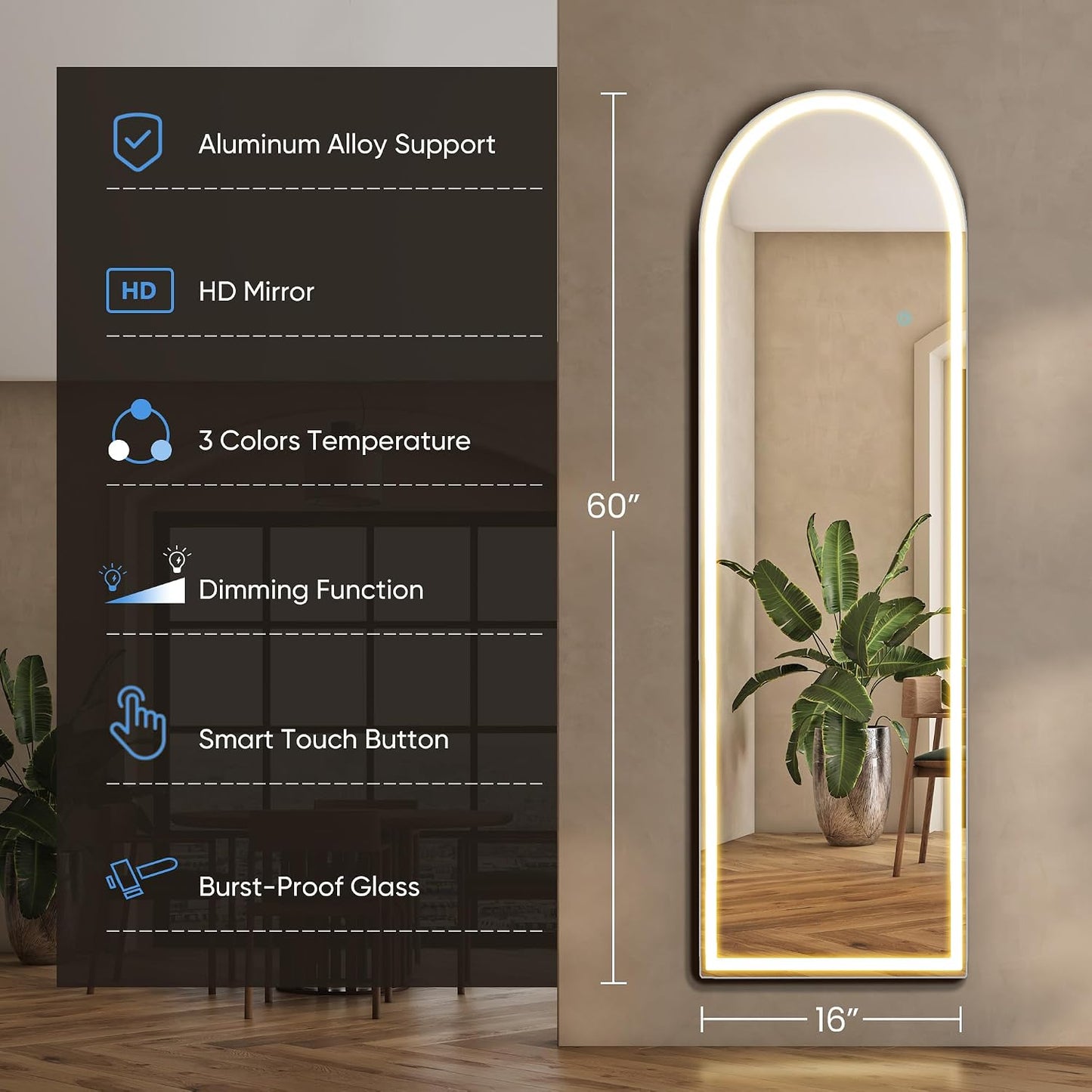 OLIXIS 64"x 21.5" Arched Mirror Full Length, Full Body Mirror with Stand, Hanging or Leaning for Wall, Floor Standing with Shatter-Proof Glass for Bedroom, Living Room, Long, Black