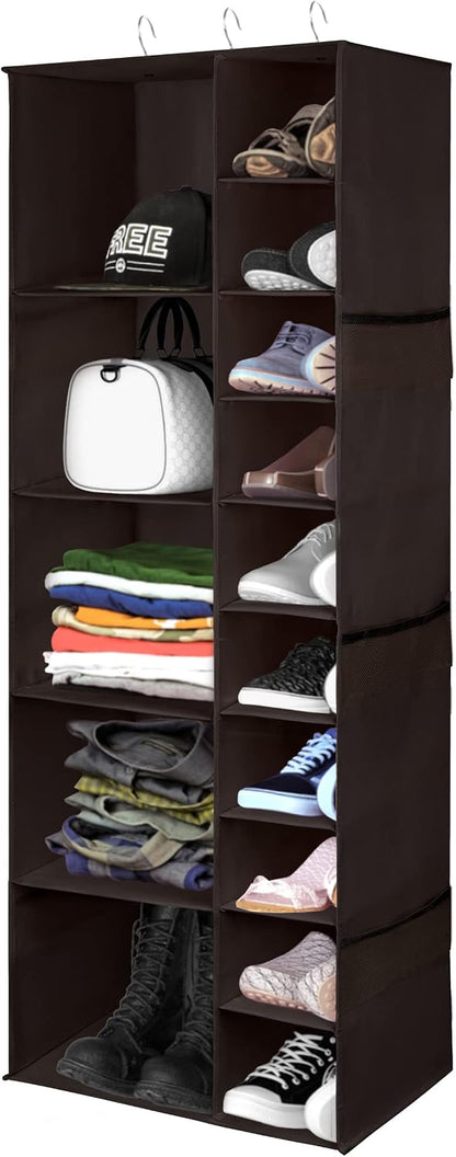 Libeder Shoe Organizer for Closet, 15 Shelf Hanging Closet Storage Shelves - 10 Shoe Rack Organizer and 5 Compartment for Clothes with 6 Side Mesh Pockets for Scarves Socks,Gloves, Grey