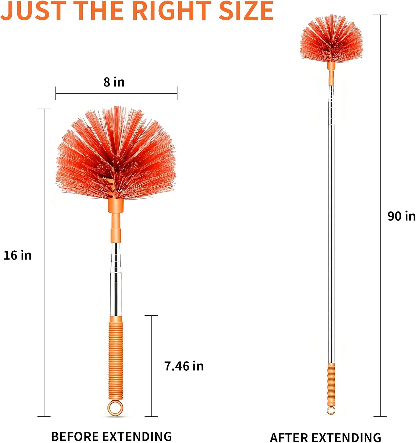 Cobweb Duster with Extension Pole, Upgraded Heavy Duty Thickened Stainless Steel Telescopic Handle for High Ceilings & Ceiling Fans, 90" Total Reach (15.7" Compact), Medium Stiff Bristles (Orange)