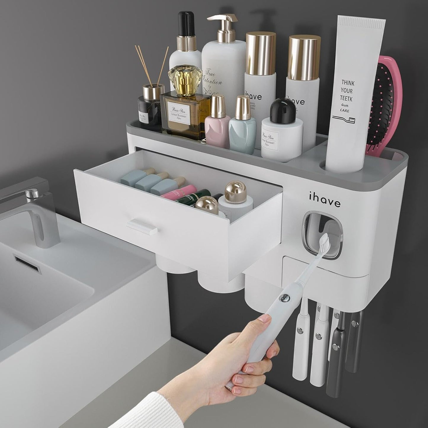 iHave Toothbrush Holders for Bathrooms, 2 Cups Toothbrush Holder Wall Mounted with Toothpaste Dispenser - Large Capacity Tray, Cosmetic Drawer - Tooth Brushing Holder & Bathroom Accessories