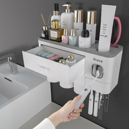 iHave Toothbrush Holders for Bathrooms, 2 Cups Toothbrush Holder Wall Mounted with Toothpaste Dispenser - Large Capacity Tray, Cosmetic Drawer - Tooth Brushing Holder & Bathroom Accessories